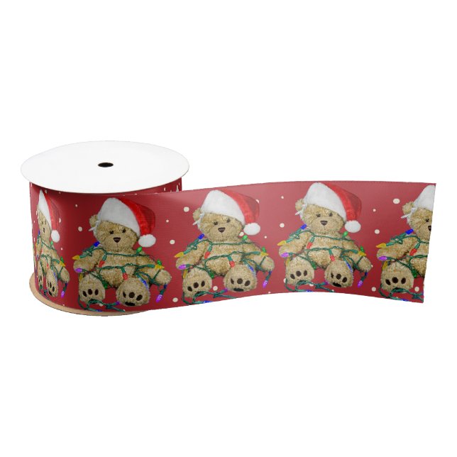 Teddy Bear In Christmas Lights On Dots Satin Ribbon (Spool)