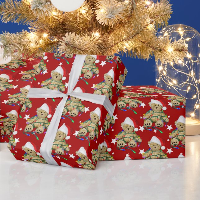 Teddy Bear In Christmas Lights Wrapping Paper (Holidays)