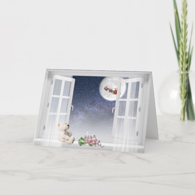 teddy bear in Christmas window Card (Front)