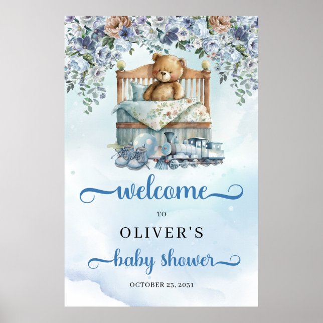 Teddy bear in crib dusty blue baby shower Welcome Poster (Front)