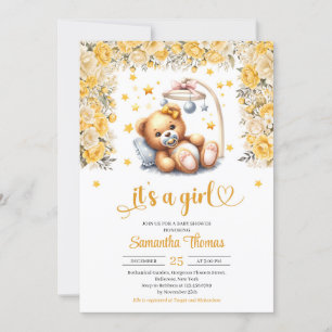Teddy bear in crib yellow flowers girl baby shower invitation