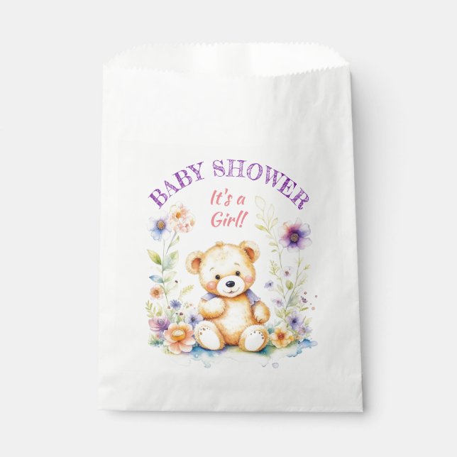 Teddy Bear in Flowers Girl's Baby Shower Favour Bag (Front)