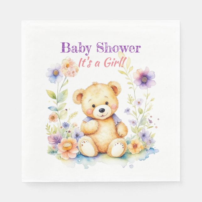 Teddy Bear in Flowers Girl's Baby Shower Napkin (Front)