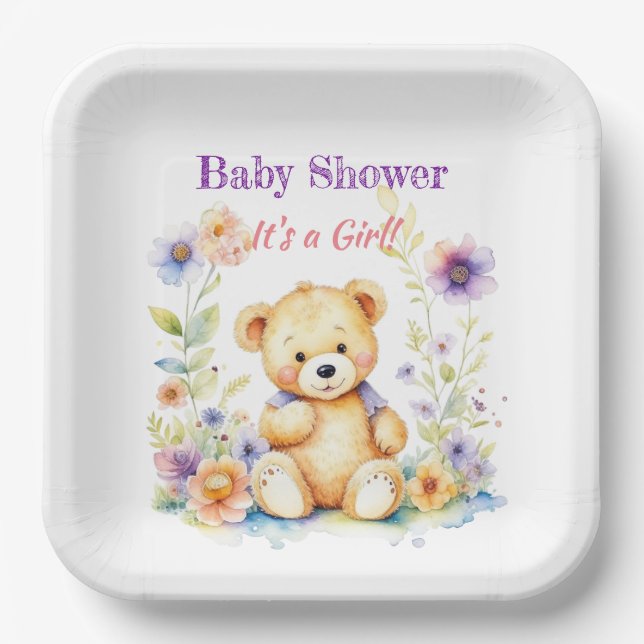 Teddy Bear in Flowers Girl's Baby Shower Paper Plate (Front)