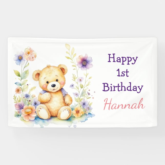 Teddy Bear in Flowers Girl's Birthday Party Banner (Horizontal)