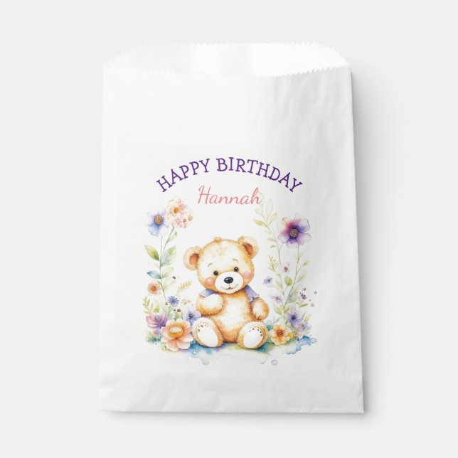 Teddy Bear in Flowers Girl's Birthday Party Favour Bag (Front)
