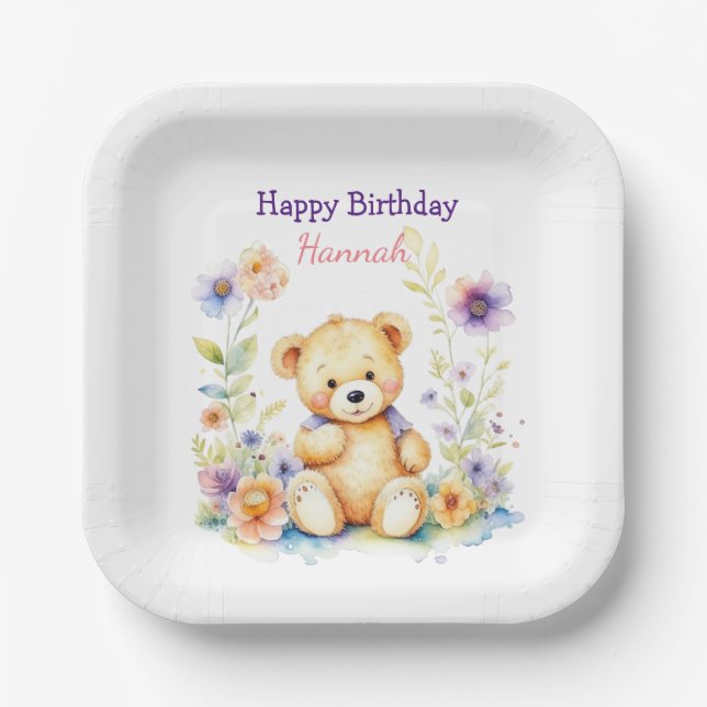 Teddy Bear in Flowers Girl's Birthday Party Paper Plate (Front)