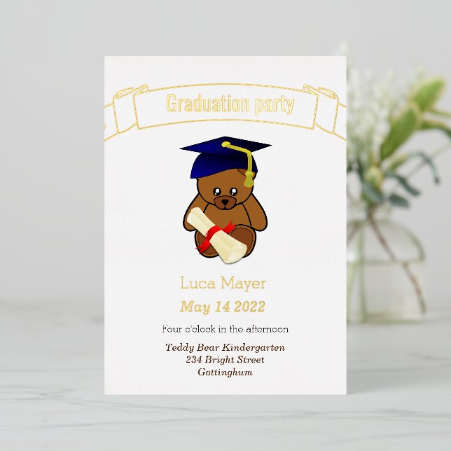 teddy bear in graduation cap Foil Invitation (Standing Front)