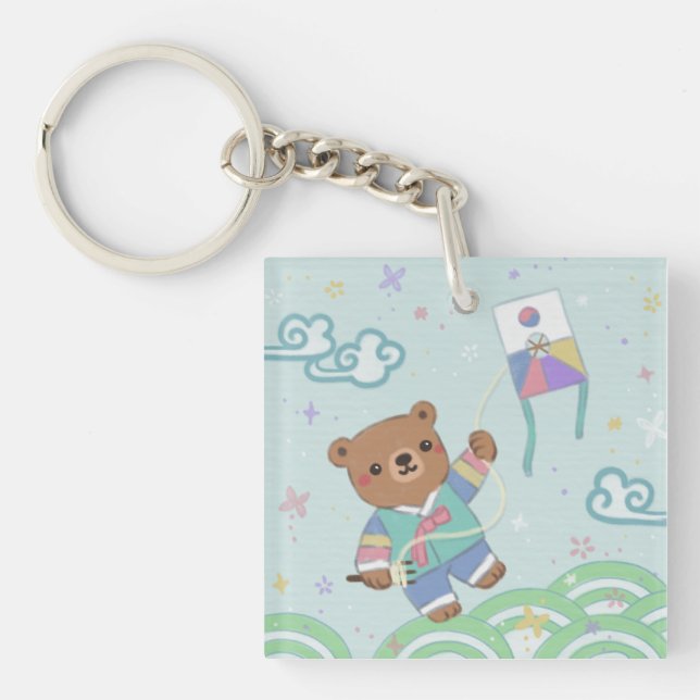 Teddy Bear in Hanbok: Kite Flying Key Ring (Front)