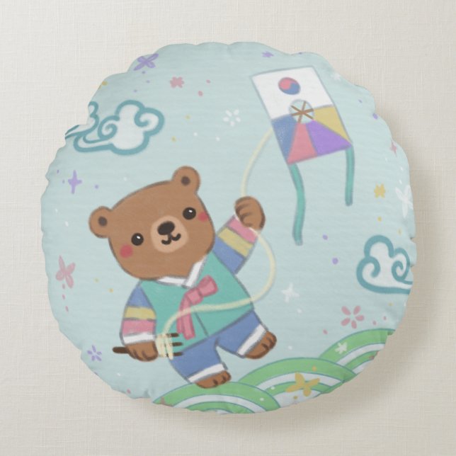 Teddy Bear in Hanbok: Kite Flying Round Cushion (Front)