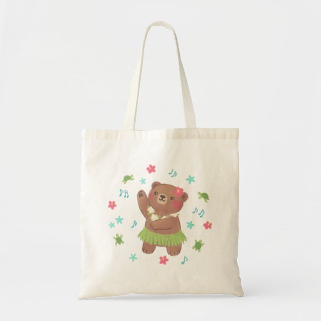 Teddy Bear in Hawaii Illustration Tote Bag (Front)