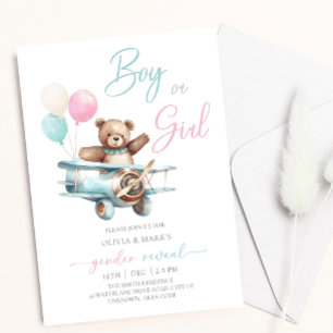 Teddy Bear in Plane Baby Gender Reveal Invitation