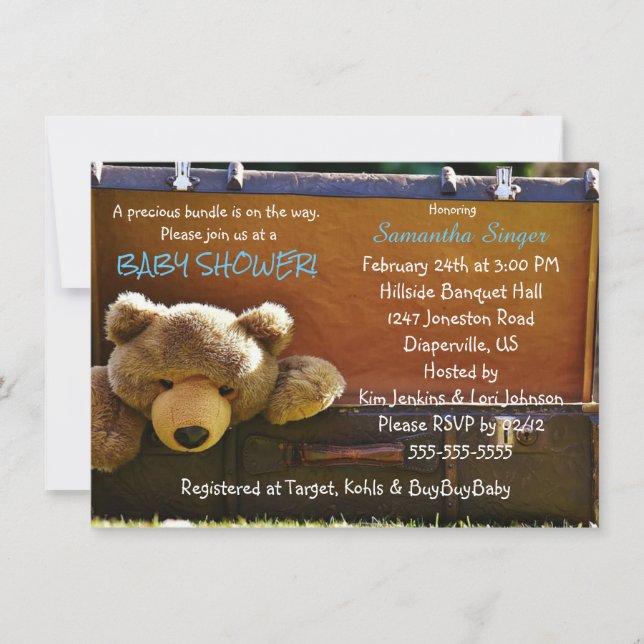 Teddy Bear in Suitcase Baby Boy Shower Invitation (Front)