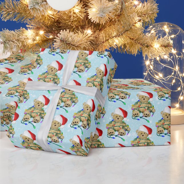 Teddy Bear In Tangled Christmas Lights  Wrapping Paper (Holidays)