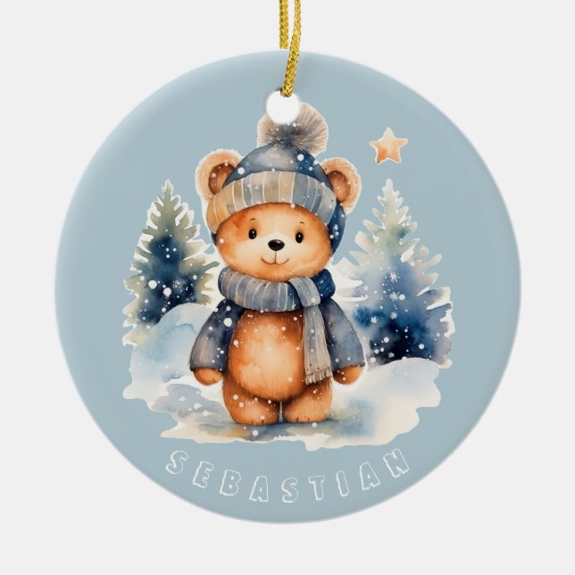 Teddy bear in the forest, personalised ceramic ornament (Front)