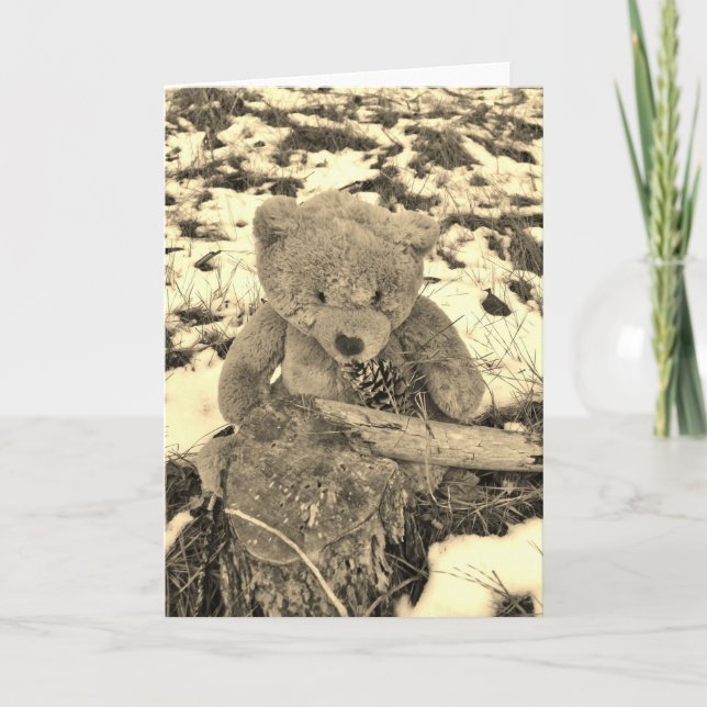 Teddy Bear in the Holly,Sepia tone Holiday Card (Front)