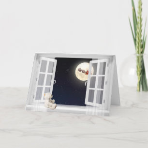 teddy bear in window with Christmas moon Card