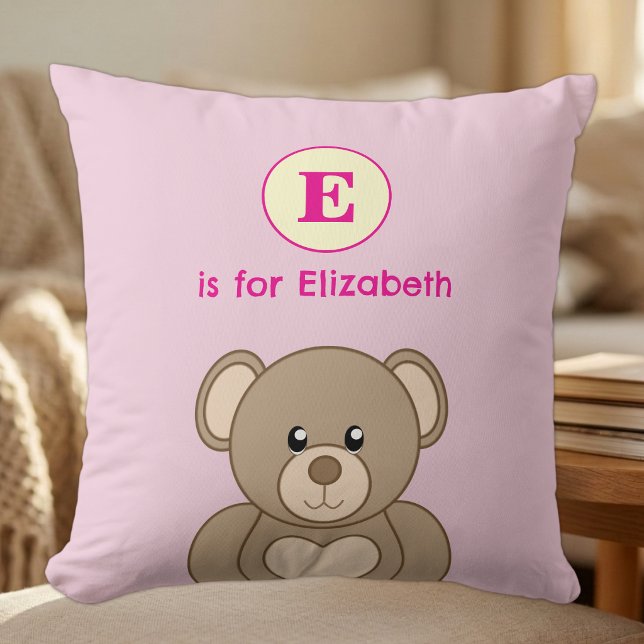 Teddy bear initial name kids pink cushion (Creator Uploaded)