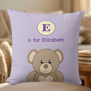 Teddy bear initial name kids purple cushion