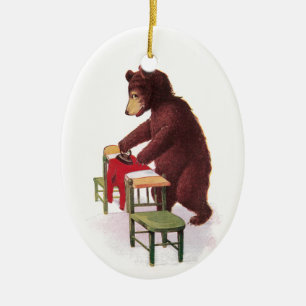 Teddy Bear Ironing Clothes Ceramic Tree Decoration