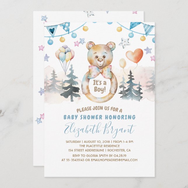 Teddy Bear - It's a Boy Baby Shower Invitation (Front/Back)