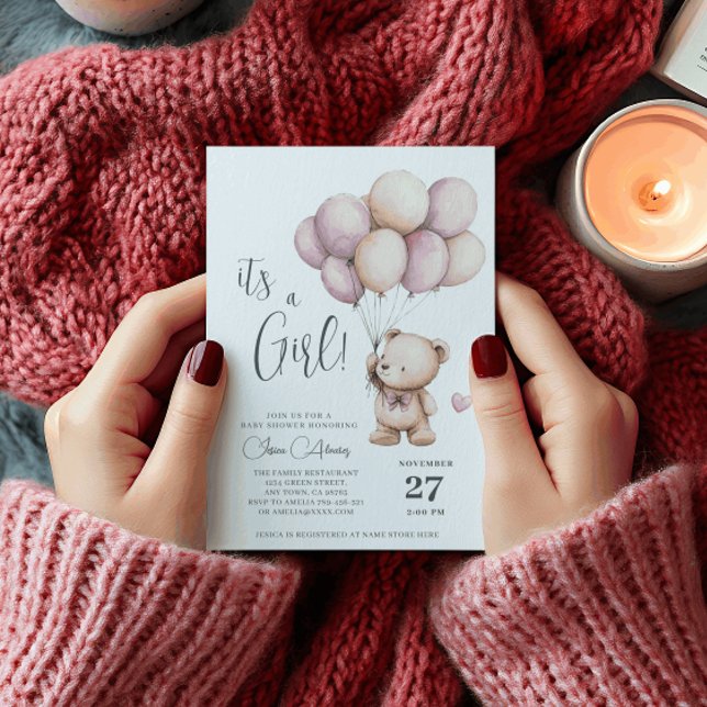 Teddy Bear Its a Girl Purple Beige Balloons Invitation (Creator Uploaded)