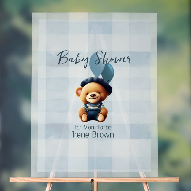Teddy Bear Jean Baby Shower Blue Acrylic Sign (Neutral)