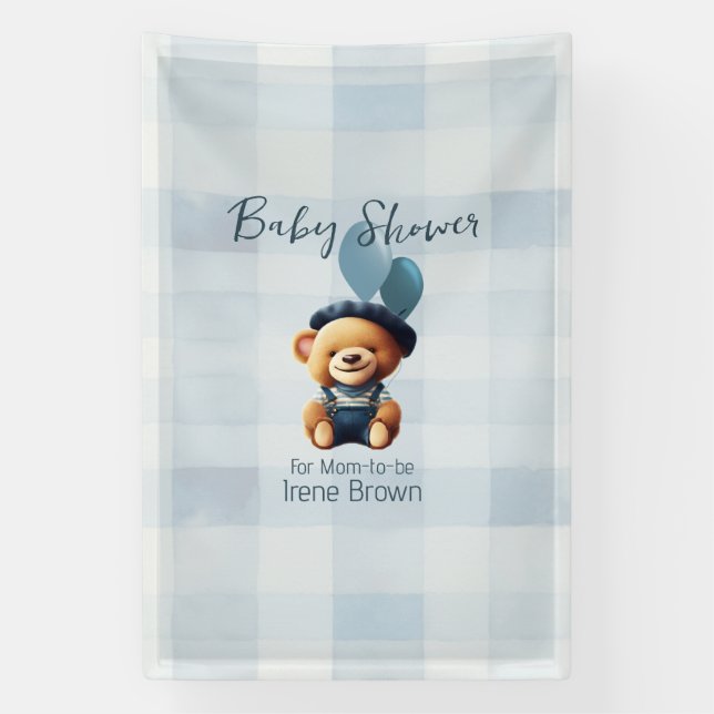 Teddy Bear Jean Baby Shower Blue Banner (Vertical)