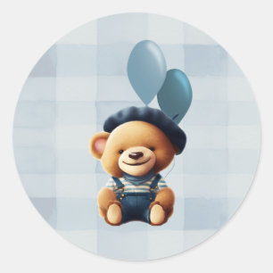 Teddy Bear Jean Baby Shower Blue Classic Round Sticker