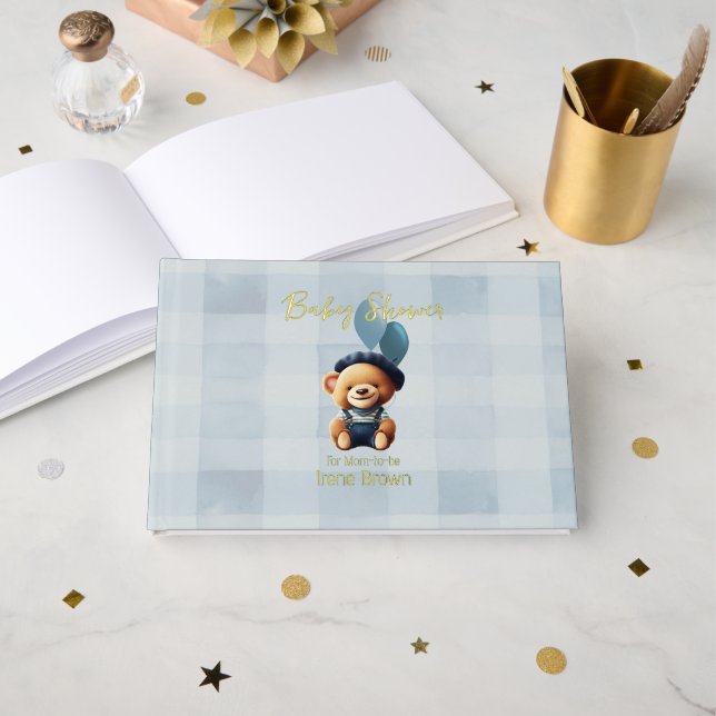 Teddy Bear Jean Baby Shower Blue Guest Book (Front Open)