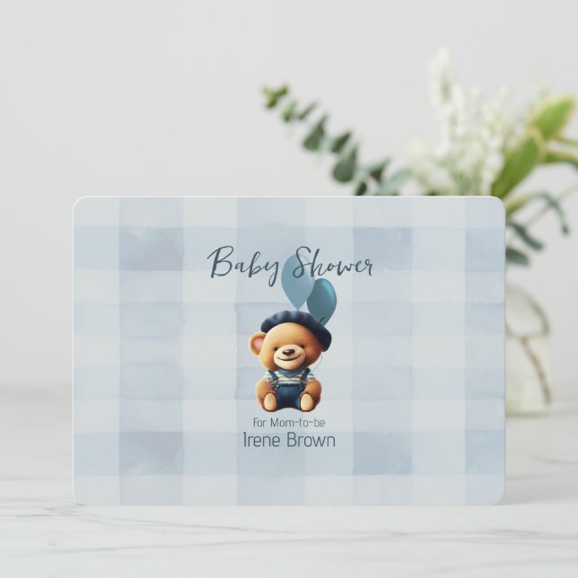 Teddy Bear Jean Baby Shower Blue Invitation (Standing Front)