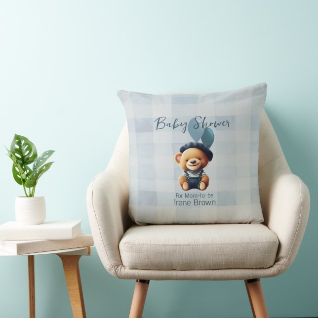 Teddy Bear Jean Baby Shower Blue Throw Pillow (Chair)