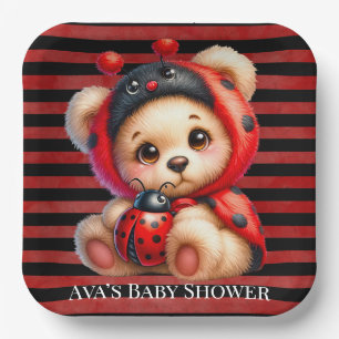 Teddy Bear Ladybug Stripes Girl Baby Shower Paper Plate