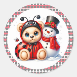 Teddy Bear Ladybug with Snowman Baby Shower Classic Round Sticker