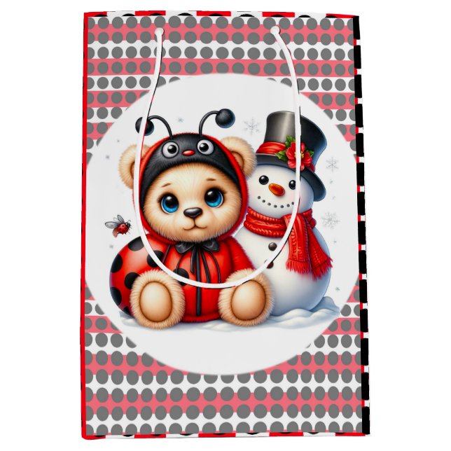 Teddy Bear Ladybug with Snowman Baby Shower Gift Medium Gift Bag (Front)