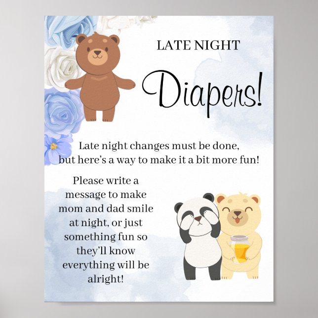 Teddy Bear Late Night Diaper Baby shower game sign (Front)