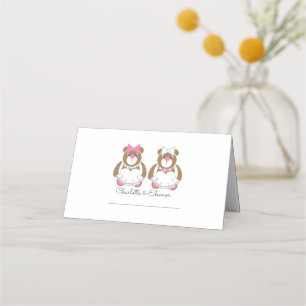 Teddy bear lesbian wedding cute white place card