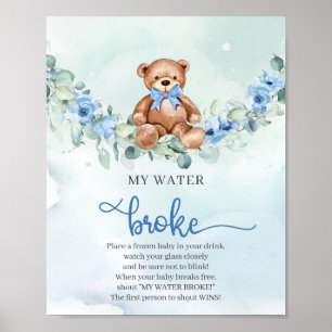 Teddy bear light blue floral My Water Broke game Poster