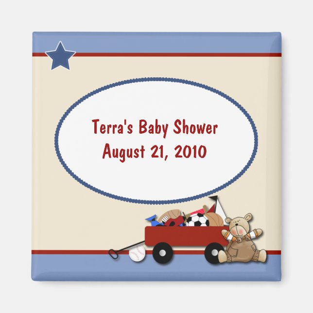 Teddy Bear Little Red Wagon Baby Shower Magnet (Front)