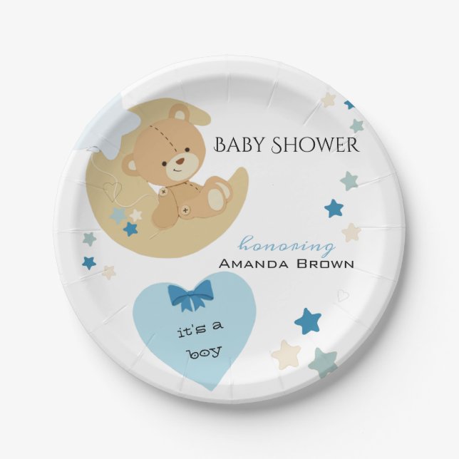 Teddy Bear Love Baby Boy Shower | Paper Plate (Front)