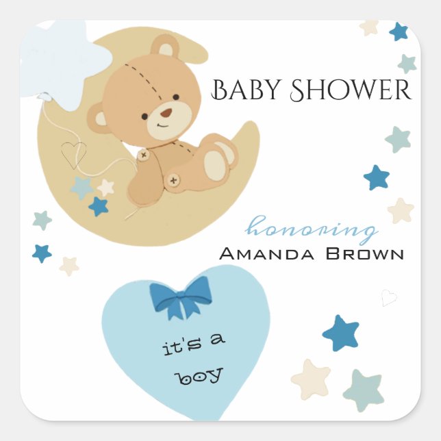 Teddy Bear Love Baby Boy Shower | Square Sticker (Front)