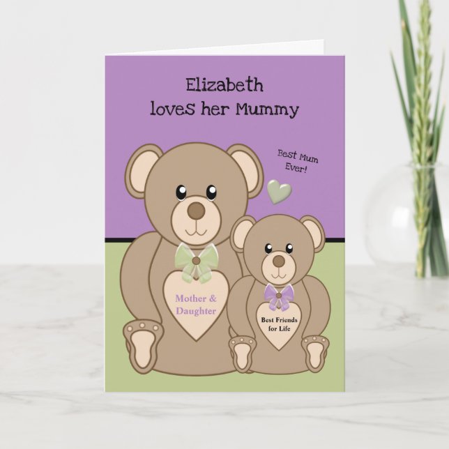 Teddy bear love you mummy purple and green card (Front)