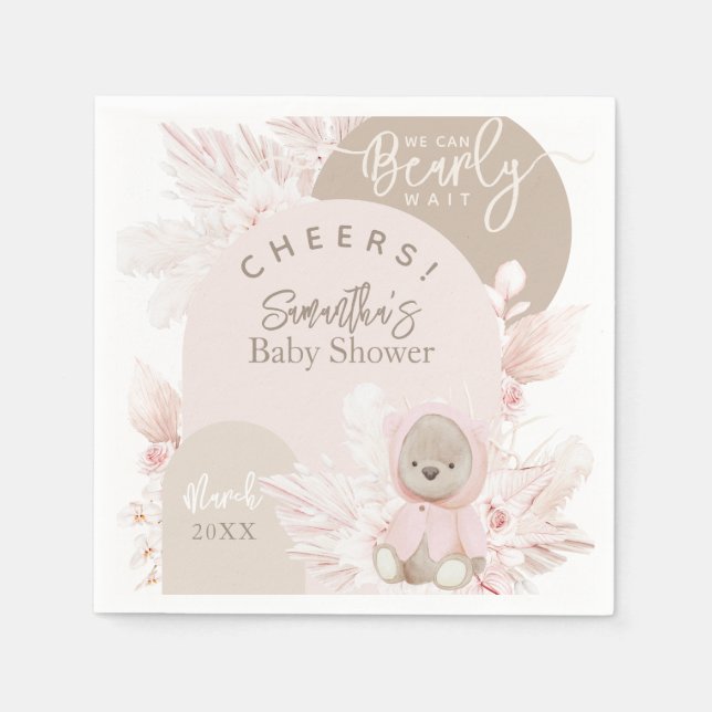 Teddy Bear Modern Boho Girl Baby Shower Napkin (Front)
