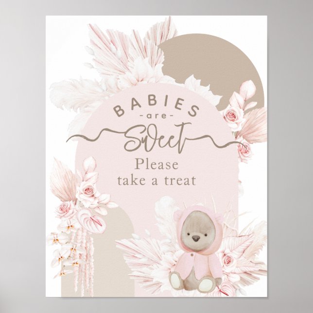 Teddy Bear Modern Boho Girl Baby Shower treats Poster (Front)