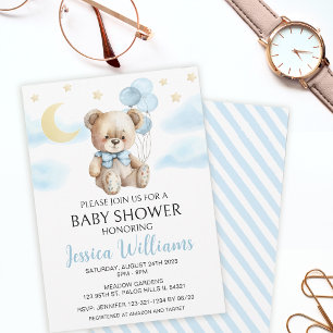 Teddy bear moon and stars baby shower invitation
