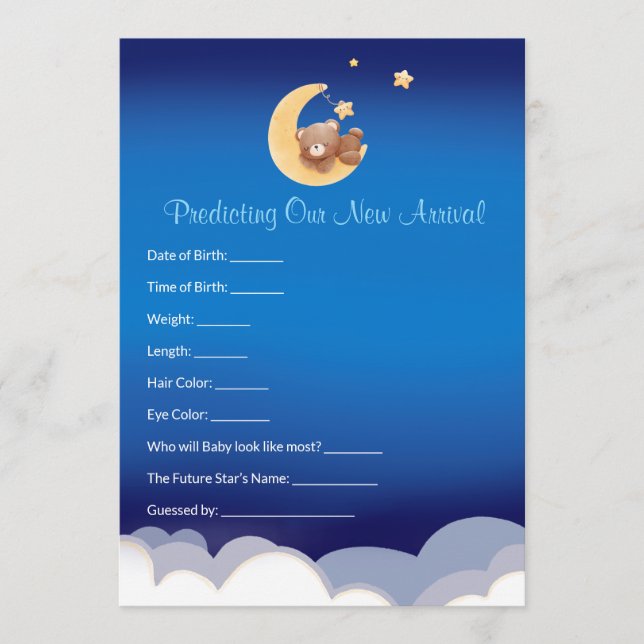 Teddy Bear Moon Baby Shower Prediction  Card (Front)