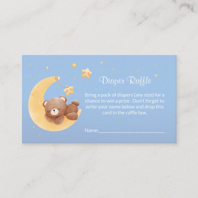 Teddy Bear Moon Blue Baby Shower Diaper Raffle Enclosure Card (Front)