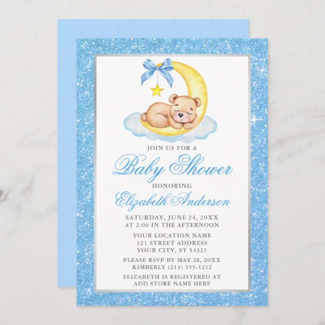 Teddy Bear Moon Blue Glitter Baby Shower Invitation (Front/Back)