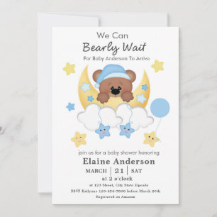 Teddy Bear Moon Clouds Stars Baby Boy Shower Invitation