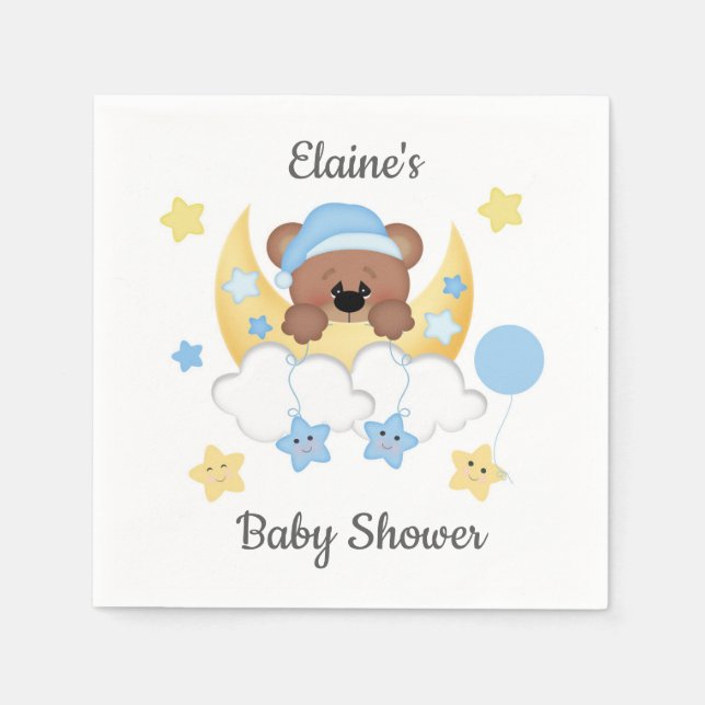 Teddy Bear Moon Clouds Stars Baby Boy Shower Napkin (Front)
